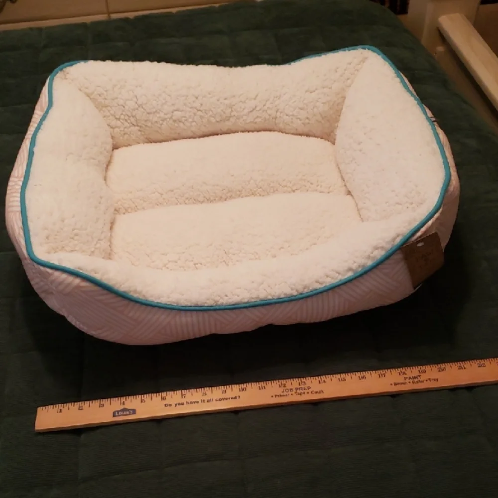 Cozy White Dog Bed with Blue Trim